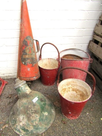 Three steel fire buckets, conical fire extinguisher, and industrial lamp. (5)