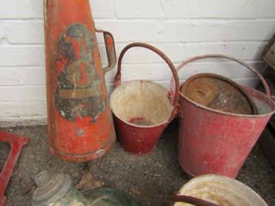 Three steel fire buckets, conical fire extinguisher, and industrial lamp. (5) - 2