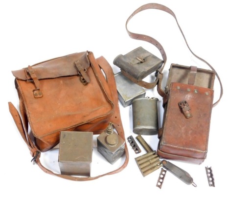 Various military machine gun oil canisters, Vickers machine gun leather ammunition case, etc.