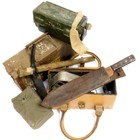 Various militaria, to include jungle machete, World War II telephone set, entrenching tool, etc.