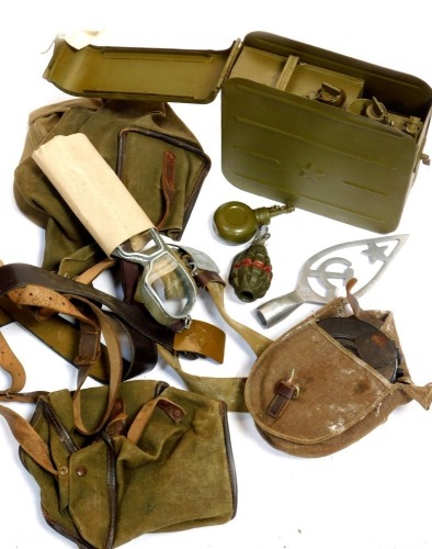 Various items of Russian militaria, to include machine gun oil bottle set in canister, webbing, etc.