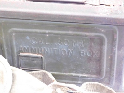 A World War II American webbing set, 30 cal ammunition box, and hat. - 2