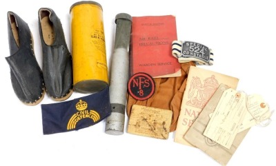 Various items of World War II Civil Defence interest, to include arm band, manual, incendiary bomb, etc.