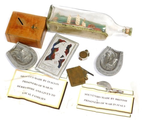 Various items of World War II Italian Prisoner of War made art.