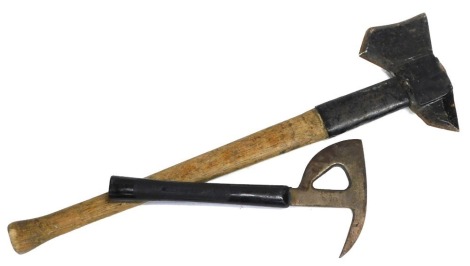 Two military axes, one 1953 dated, one RAF aircraft escape axe.