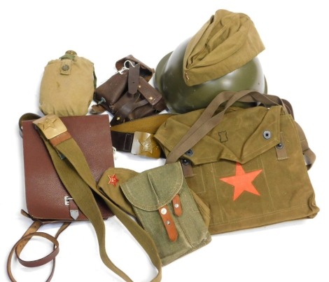 A selection of Russian militaria, to include belts, ammunition pouches, water bottle, etc.