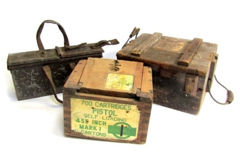 Three military ammunition boxes, to include pistol self loading .455" mark 1 box.