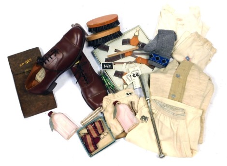 A selection of World War II civilian clothing and accoutrements, to include CC41 stamped shoes, under garmets, underwear, etc.