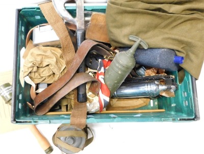 Assorted militaria, to include reproduction stick grenade, webbing map case, mess tins, water bottle, leather belt, etc.