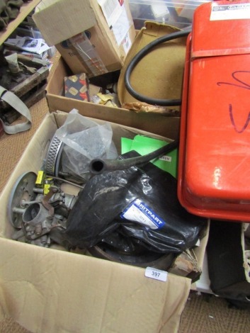 Car parts and accessories, to include brake shoes, mirrors, bearings, valves, carburetors, air filters, etc. (2 boxes)