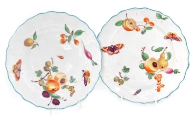 A pair of mid 18thC Chelsea Red Anchor period porcelain plates, polychrome painted with fruit, including pears, gooseberries, redcurrants and peaches, butterflies and insects, painted mark, 22cm wide. - 4