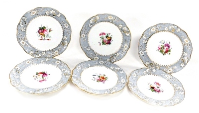 Six early 19thC Rockingham porcelain dessert plates, painted centrally with sprays of flowers, within a grey and floral border, gilt heightened, printed marks. - 3