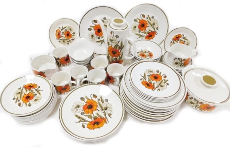 A JG Meakin studio pottery Poppy pattern part dinner and coffee service, including a vegetable tureen and cover, pair of sauce boats on stands, dinner, dessert and side plates, coffee pot, and coffee mugs and saucers.