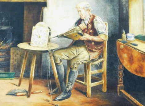 A. Johnson (early 20thC School). Study of a clock restorer, seated holding bellows beside a table with a long case clock face, oil on canvas, signed and dated 03, 35cm x 44cm.