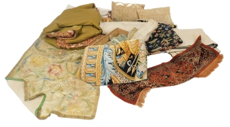 A group of 19thC and later fabrics, including wall hangings, trims, and cushions. (a quantity)