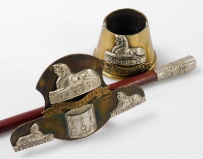 A World War One trench art ashtray, with the badge of Lincolnshire Regiment, brass stand, with badges of the same regiment, and Lincolnshire Regiment swagger stick. (3) - 3