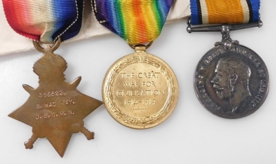 Three World War One medals, named to S Mackay, A.M.1/O.S.1, Royal Navy, 365582, comprising 1914/15 Star, Great War and Victory medals, together with a silver King's badge. - 4