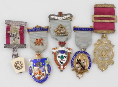 Five silver gilt and enamel Masonic jewels, including the Royal Mason Institution For Boys 1923, 1928 and 1934 Steward's badges, and further Masonic jewels. (a quantity) - 5