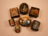 A quantity of painted Russian boxes etc