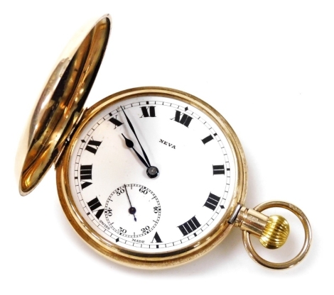 A 9ct Neva gold gentleman's hunter pocket watch, keyless wind, circular enamel dial bearing Roman numerals, subsidiary seconds dial, Swiss 15 jewel movement, with 9ct gold cuvette and plain case, 67.9g all in.