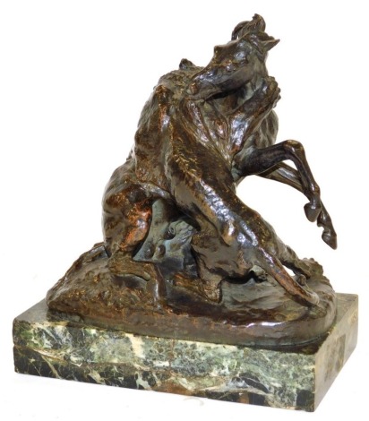 After Christophe Fratin (French 1801-1864). A bronze figure group modelled as a horse attacked by a tiger, late 19thC, raised on a marble base, bears signature and indistinct mark, possibly for a foundry, 20.5cm wide.