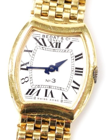 A Bedat and Company no. 3 lady's 18ct gold cased wristwatch, the compressed oblong silvered dial, bearing Roman numerals, marked Swiss AOSC, with stainless steel bezel, case back engraved and marked reference 304, serial number 2248, on an 18ct gold Bedat