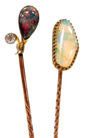 An opal tie pin, set in yellow metal, stamped 15ct, 1.7g, together with a diamond and opal doublet tie pin, set in yellow metal, 1.6g. (2)