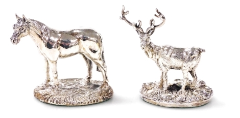 Two Elizabeth II silver figures, modelled as a stag and horse, each on naturalistic base, filled, Camelot Silverware Ltd, Sheffield 1999, 5.9cm and 5.5cm high respectively.