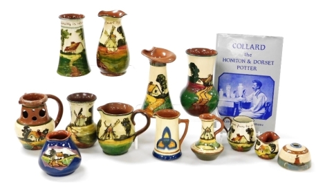 A group of Devon motto ware pottery, to include a milk jug, 7.5cm high, vases, further jugs, puzzle jug, 12cm high, Cashmore (Carole and Chris), Collard the Honington and Dorset Potter, etc. (1 tray)