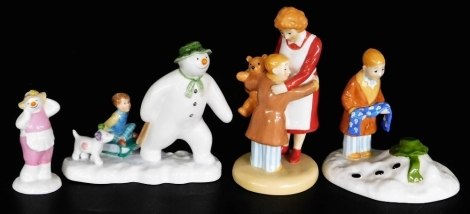 A group of The Snowman porcelain figures, comprising Coalport Characters Hug For Mum, The Story Ends, limited edition number 3434 of 5000, boxed, The Lady Snowman, boxed, together with a Beswick figure The Snowman, Billy, and The Snowdog, boxed.