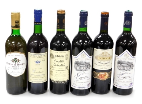 Six bottles of red wine, comprising Grand Vin double dose Chateau Cousteau 1996, Chateau Lesparre 1999 (2), Chateau Beaupuy, Castillo Labastida Rioja 2006, and Estacion 2006 Cabernet Carmenere.