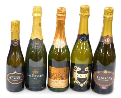 A group of alcohol, comprising two bottles of Prosecco, a 37.5cl bottle of Prosecco, Bucks Fizz, and La Roche Brut. (5)