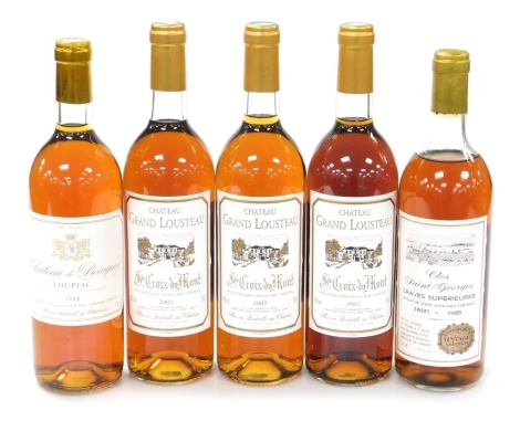 Five bottles of dessert wine, comprising Chateau Grand Lousteau 2002 (3), Clos Saint-Georges 1988, and Chateau de Beaupuy 1988.