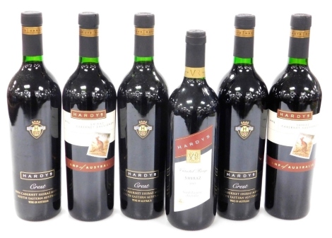 Six bottles of Hardys red wine, comprising Cabernet Sauvignon 2004 (2), Cabernet Shiraz Merlot 2004 (3), and Shiraz 2003.