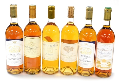 Six bottles of dessert wine, comprising Loupiac Chateau Fleur du Cros 2000 (2), Chateau Grand Marsalet 1999, Chateau de Mendis 1995, Chateau de Manos 1996, and Monbazillac 1998.