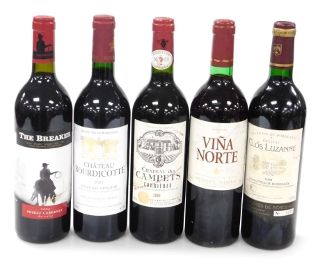 Five bottle of red wine, comprising Chateau Bourdicotte 2005, Vina Nauta, Chateau de Campats 2001, Chateau Clos Luzanne 2000, and The Breakers Shiraz Cabernet 2004.