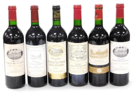 Six bottles of French red wine, comprising Chateau Lelande Bellvue 1996, Chateau Moulin De Fontmuree, Charmilles du Chateau le Virou 2003, Chateau Croix des Laurets 2002 (2), and Chateau Rougi 2002.