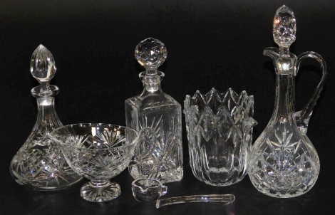 A group of cut glassware, comprising ship's decanter, 27cm high, claret jug and stopper, 33cm high, decanter of square form, 27cm high, ice bucket, 16cm high, and jug, 11cm high.