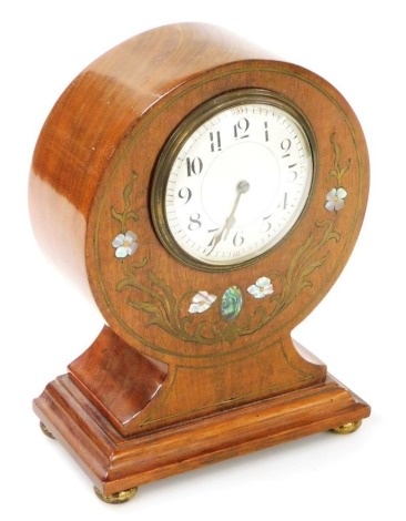 An early 20thC French mahogany balloon mantel clock, with brass and mother of pearl inlay, the white enamel Arabic numeral dial with silvered chapter ring, clockwork movement by Duverdrey & Bloquel, the case inlaid with brass and mother of pearl flowers, 