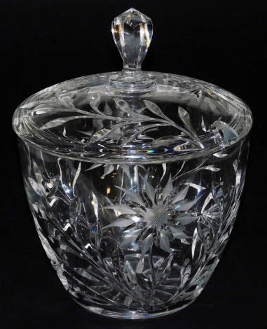 A 20thC cut glass preserved fruit jar and cover, engraved with flowers, 30cm high.