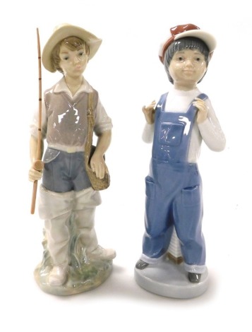 Two Lladro porcelain figures, comprising a boy in dungarees with a squeeze box, and a boy fisherman.