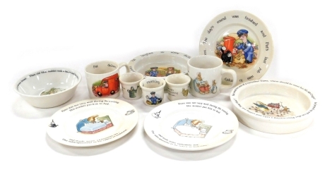 A group of Wedgwood Peter Rabbit child's pottery, including a baby's bowl, mug and plates, together with Crown Staffordshire Postman Pat child's pottery. (a quantity)