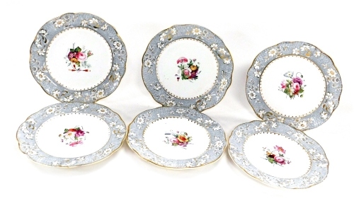 Six early 19thC Rockingham porcelain dessert plates, painted centrally with sprays of flowers, within a grey and floral border, gilt heightened, printed marks.