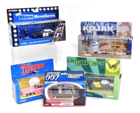 Corgi diecast vehicles, boxed, comprising The Green Hornet CC50902, The Blues Brothers CC06001, Kojak Buick with white metal Kojak figure 57403, Thunderbirds Fab 1 CC00601, and James Bond Octopussy Mercedes saloon TY05702. (5)