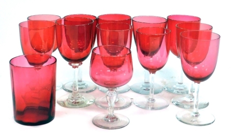 A group of late 19th/early 20thC cranberry glass, including wine glasses. (a quantity)