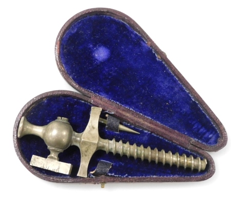 A late 19th Milne's miniature silver plated champagne tap, 10cm long, with single removable spike, in a fitted leather case.