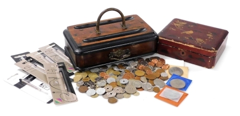 A group of pre decimal GB world and commemorative coinage, to include commemorative crown, Islamic coinage, coinage for Jersey, Spain, Greece, etc., contained in an Oriental red lacquered box, 17.5cm wide, together with an early 20thC mahogany desk stand,