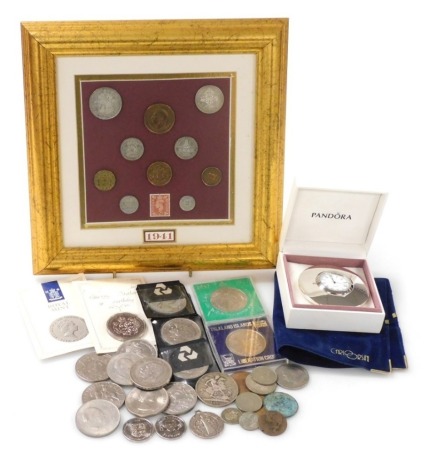 A group of commemorative and other crowns, to include a Queen Victoria 1890 crown, commemorative crown for Elizabeth II Silver Jubilee, a framed display of 1941 coinage, a 1998 Official England Squad medal collection Alan Shearer token, etc., together wit