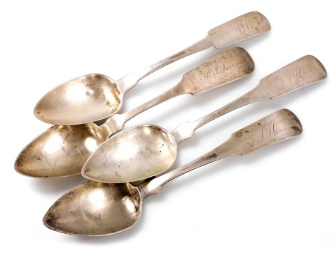 Four late 19thC American table spoons, possibly coin silver, three monogram engraved and the other engraved HJ Lice, makers for WMW Whyte, T Richards and Whitney and Baldwin, 7.09oz.