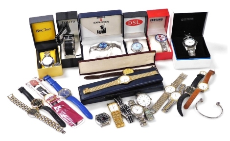 Gentleman's dress wristwatches, including Figaro, Swiss Explorer, Henley Sport, DSL, and Avia, some boxed. (a quantity)